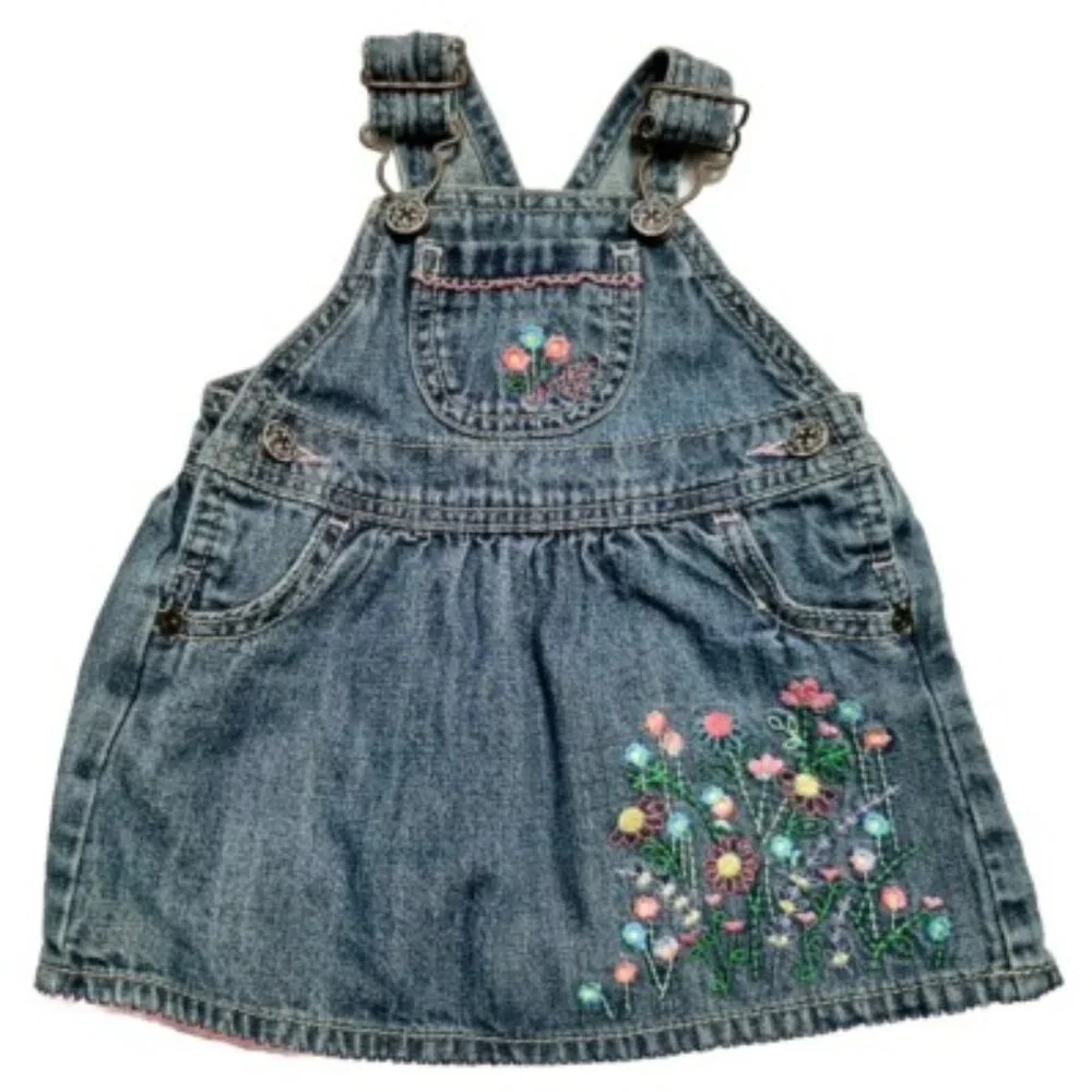 OshKosh B'Gosh Girls Blue Denim Floral Front Pocket Skirt Dress Overalls vintage
